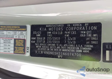 2022 Kia Carnival Mpv Sx Prestige z USA, uszkodzony, nr VIN KNDNE5H31N6074700